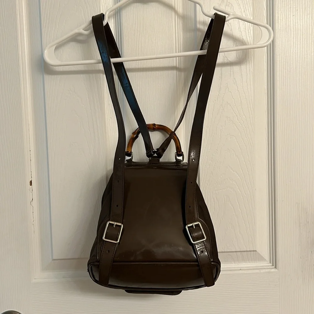 Vintage Gucci Brown Backpack Bamboo Handle Nylon Leather Adjustable Straps